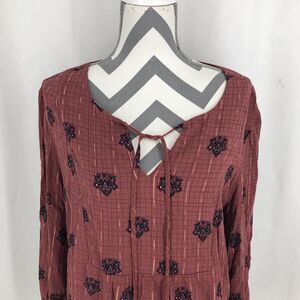 Magnolia Grace Red 3/4 Sleeve Boho Tie Neck Floral Paisley Top Large